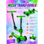 Самокат-беговел 3 в 1 Scooter Micar Transformer складной со светящимися колесами, сиденьем и родительской ручкой Зелёный (Арт. Ro 208)